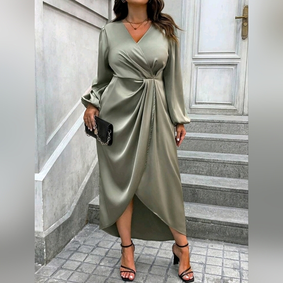 New Draped Wrap Front Lantern Long Sleeve Dress Satin PLUS Light Green - Picture 5 of 7